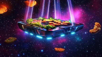 A futuristic grill floating in space, grilling food with laser beams, sci-fi illustration, vibrant colors, surreal concept
