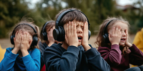 Muted Scream: A group of children wearing headphones, covering their eyes in a playground.