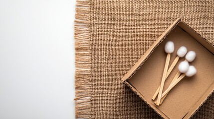Fototapeta premium Wooden cotton swabs are neatly arranged in a kraft paper box, resting on jute fabric, illuminated by soft lighting that enhances the natural colors and fine details