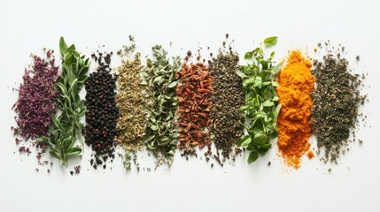 Assortment of Dried Herbs and Spices on White Background