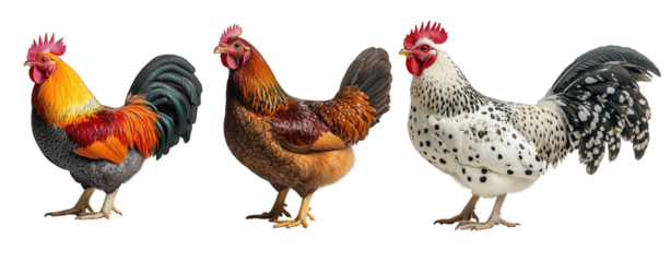 A Colorful Display of Chickens on white transparent background