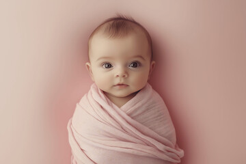 Newborn Baby Swaddled in Pink Blanket on Soft Pastel Background Looking at Camera