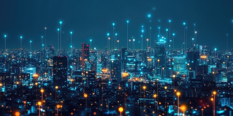 Wireless network and connection technology concept with a modern cityscape at night.