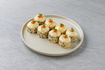 delicious fresh baked sushi roll with crab mayonnaise Philadelphia cheese.