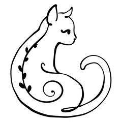 Cat doodle line print. Black and white pet animal drawing. Illustration art silhouette. Logo, monochrome, outline