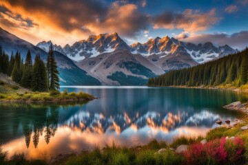 Beautiful mountain landscape with lake in the background