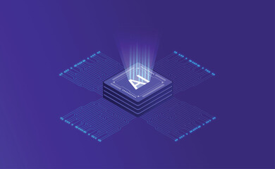 Artificial Intelligence, Isometric Vector banner for AI, Deep Learning, Machine Learning, and Technological Digital Brain Concepts,isometric banner,AI isometric, AI learning machine, ai icon.