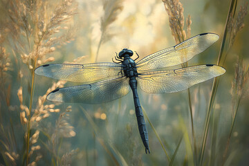 Naklejka premium A dragonfly with translucent wings hovers in a field of golden grass.