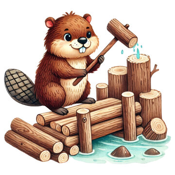 Cute cartoon beaver building a dam