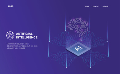 Artificial Intelligence, Isometric Vector banner for AI, Deep Learning, Machine Learning, and Technological Digital Brain Concepts,isometric banner,AI isometric, AI learning machine, ai icon.
