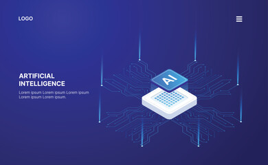 Artificial Intelligence, Isometric Vector banner for AI, Deep Learning, Machine Learning, and Technological Digital Brain Concepts,isometric banner,AI isometric, AI learning machine, ai icon.
