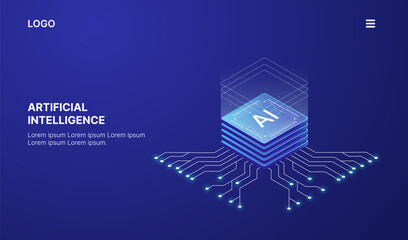 Artificial Intelligence, Isometric Vector banner for AI, Deep Learning, Machine Learning, and Technological Digital Brain Concepts,isometric banner,AI isometric, AI learning machine, ai icon.