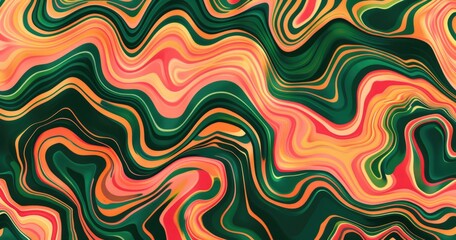 Obraz premium A vibrant abstract wave pattern with flowing colors in green, orange, and pink.