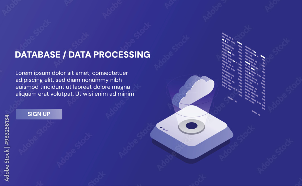 Poster big data flow processing concept, cloud database, isometric vector, web hosting and server room icon