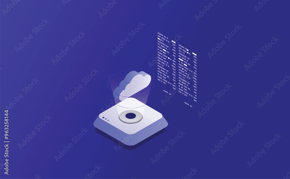 Poster big data flow processing concept, cloud database, isometric vector, web hosting and server room icon