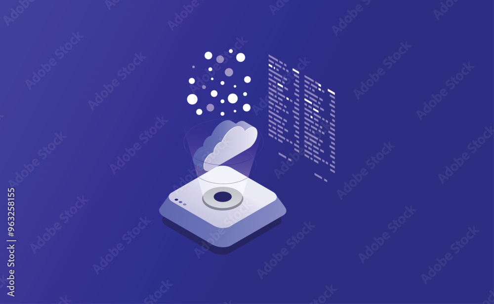 Poster big data flow processing concept, cloud database, isometric vector, web hosting and server room icon