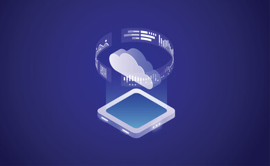 Big data flow processing concept, cloud database, isometric vector, web hosting and server room icons ultraviolet, cloud storage isometric, Isometric Vector of Cloud Databases