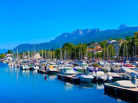 boats in the harbor of Evian les Bains on lake Geneva