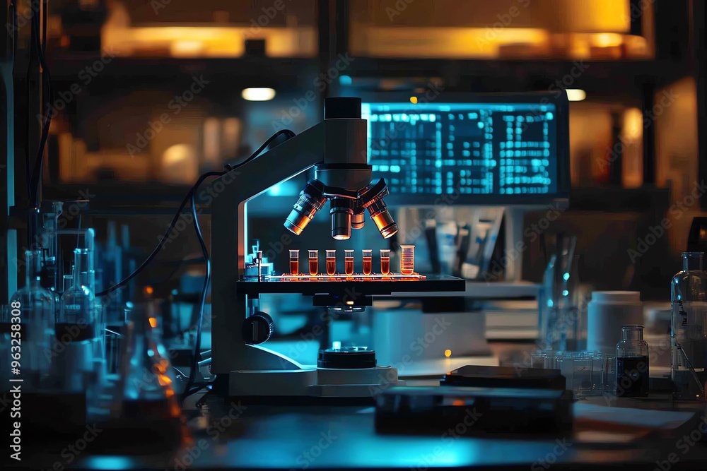 Poster microscope with test tubes in lab.