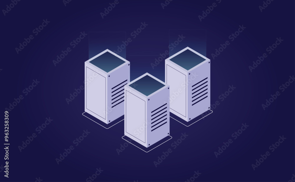 Poster big data flow processing in ultraviolet: isometric vector of cloud databases, web hosting, and serve