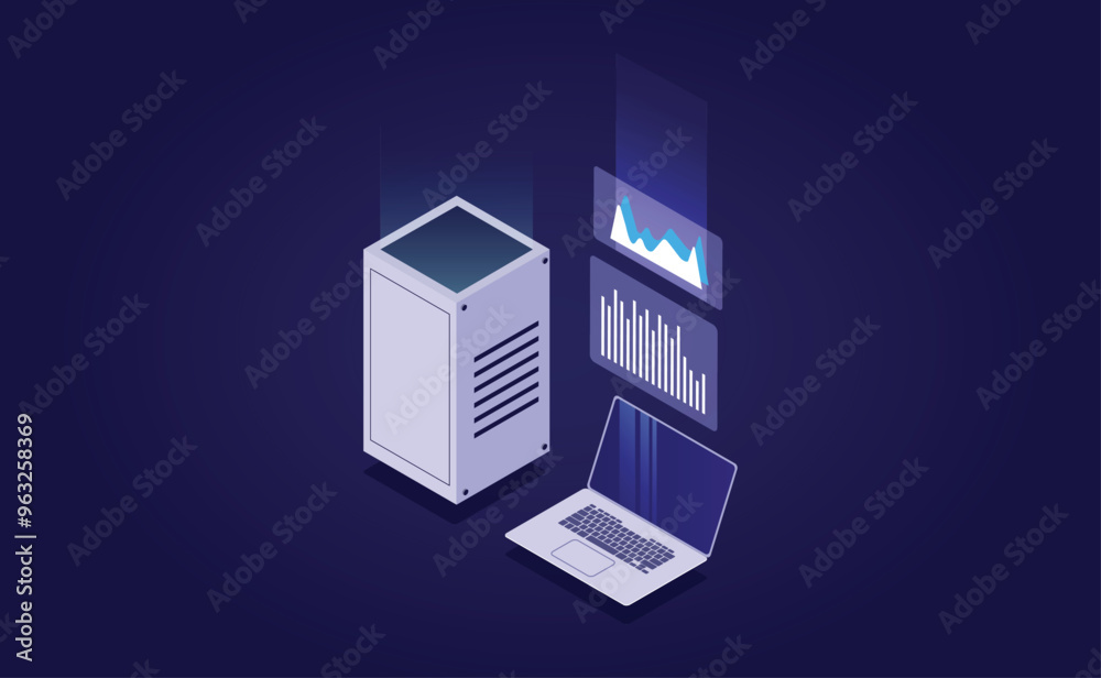 Poster big data flow processing in ultraviolet: isometric vector of cloud databases, web hosting, and serve