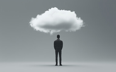 Fototapeta premium Conceptual Image of a Man Standing Under a Cloud Symbolizing Thought, Imagination, or Dreamlike States