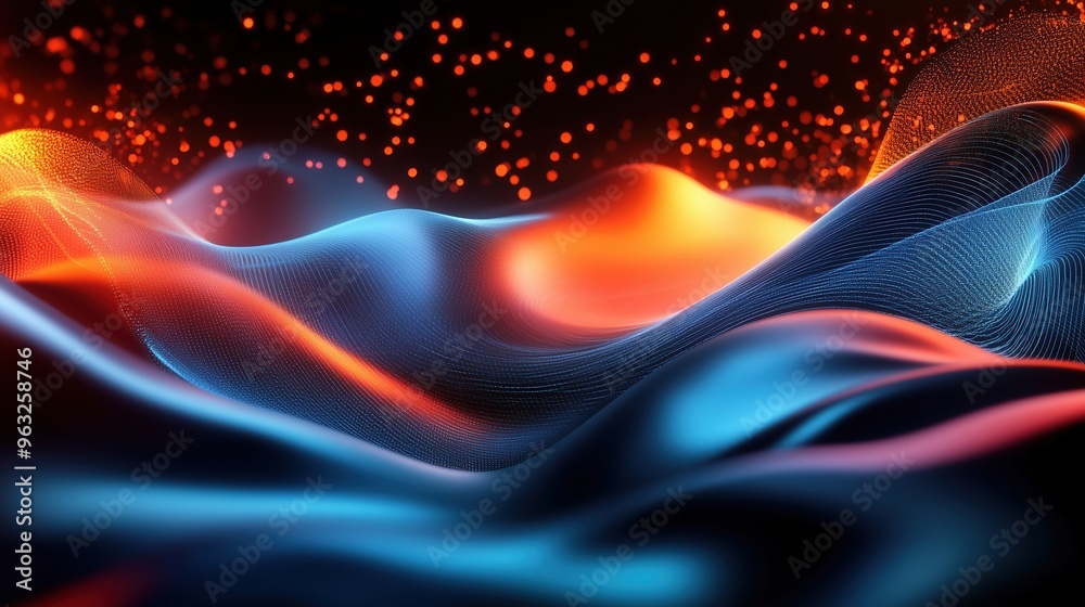 Fototapete Abstract 3D rendering of orange and blue waves with glowing particles in motion on a dark background, representing the flow of data. A futuristic design concept showcasing big data visualization and d