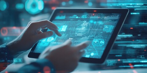 Software developer analyzing data analytics and cybersecurity on a tablet, with a digital technology interface overlay.