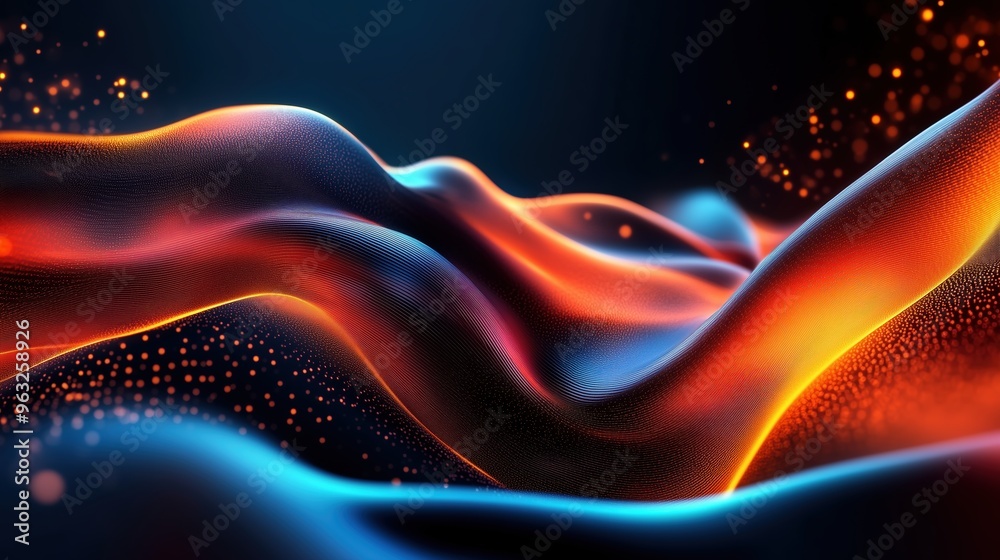 Aufkleber Abstract 3D rendering of orange and blue waves with glowing particles in motion on a dark background, representing the flow of data. A futuristic design concept showcasing big data visualization and d
