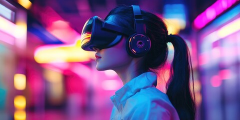 Young woman using a VR headset in a colorful neon setting, representing future tech and virtual reality experiences.