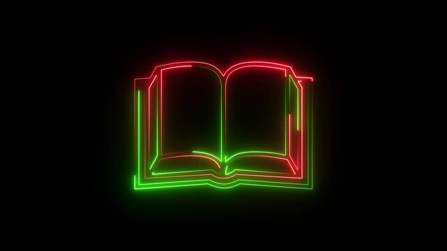 Abstract neon shine book icon animation on black background.