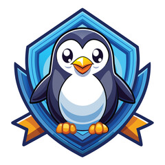 Obraz premium Cute Cartoon Penguin with a Blue Shield and Orange Ribbon