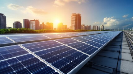 Solar Panels on Rooftop with City Skyline at Sunset