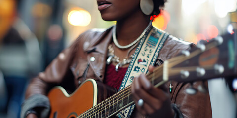 Naklejka premium Shoutless Passion: A singer-songwriter, guitar strapped across her chest, performing on a city street.