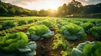 Green Cabbage Field Sunset Agriculture Farming Organic Gardening