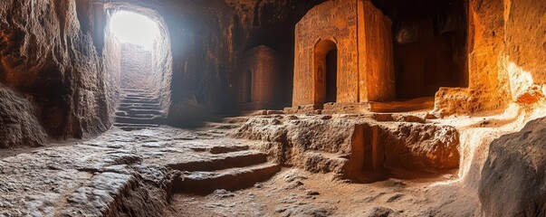 Ancient Lalibela rockhewn churches, Ethiopia  in a dramatic, wideangle shot with soft light highlighting the intricate stone carvings and deep historical significance of the site
