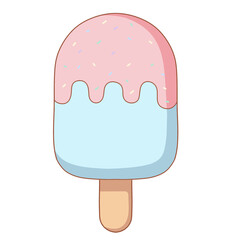 This is a cartoon-style popsicle featuring three pastel colors. The top is coated with pink sauce and sprinkled with sugar bits. The design is simple and cute.