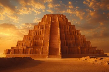 Ancient Mesopotamian ziggurat in the desert, Iraq  in a dramatic, wideangle shot with warm, golden light illuminating the ancient stepped structure against a stark desert landscape