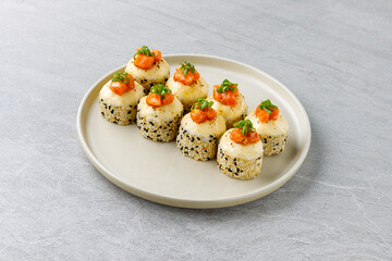 delicious fresh baked sushi roll with crab mayonnaise Philadelphia cheese.
