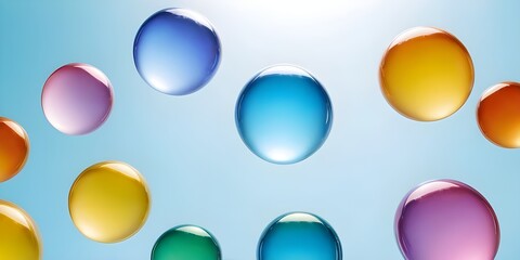 Colorful bubbles floating against a soft blue background, showcasing varied sizes, background