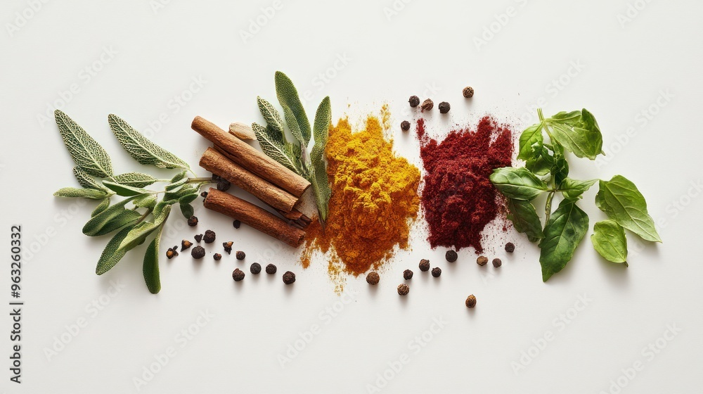 Wall mural Aromatic Spices and Herbs Arranged on a White Background