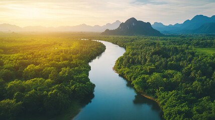Fototapeta premium Beautiful natural scenery of river in southeast Asia tropical green forest with mountains in background, aerial view drone shot 