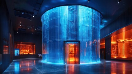 Obraz premium Converted grain silo vertical indoor skydiving facility in a vibrant, highenergy shot with dynamic lighting and a focus on the unique architectural adaptation for indoor skydiving