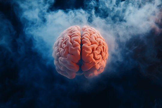Conceptual Brain Floating in Smoke and Fog, Representing Imagination, Intelligence, and the Mind in Abstract Art, Brain overworked overheated