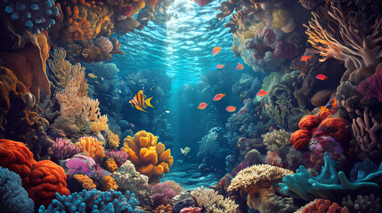 Naklejka premium Enchanting underwater realm: hyperrealistic coral reefs and sea creatures. Hyperrealistic. Illustration