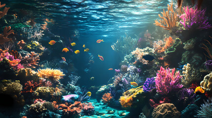 Fototapeta premium Enchanting underwater realm: hyperrealistic coral reefs and sea creatures. Hyperrealistic. Illustration