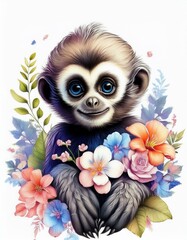 Fototapeta premium Gibbon with flowers 