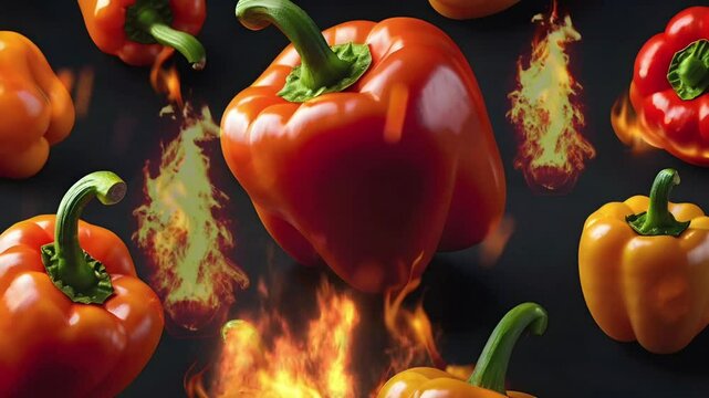 Burning and spicy red peppers on a black background. Seamless 4K looping timelapse video animation background