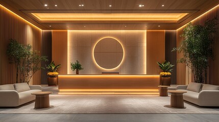 A minimalist reception area with soft, warm tones and wooden accents, inviting and serene.