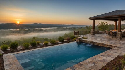 stock photography fire pit pool with a morning view